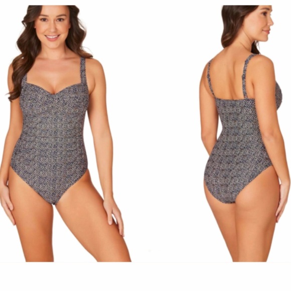 Niptuck Blue & Gold One Piece Ruched Size 8 Swim Suit - Picture 10 of 11